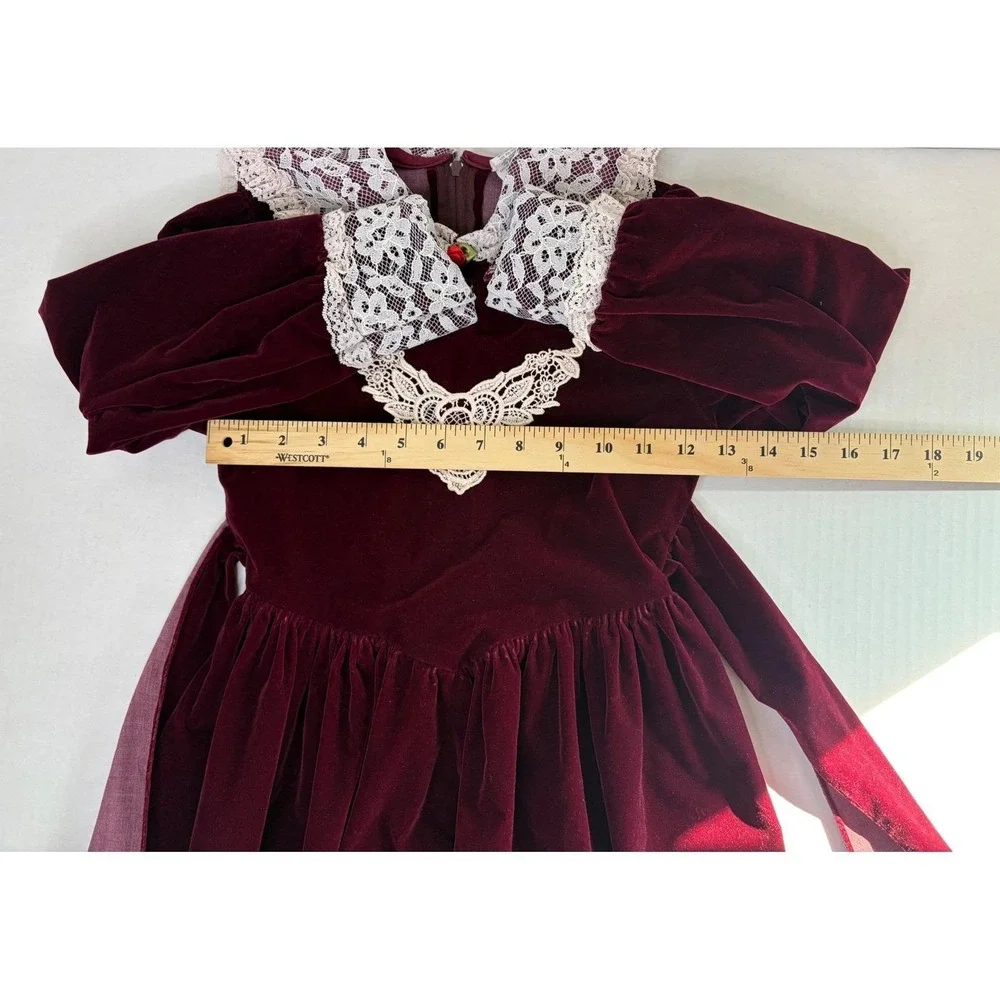 Vintage Girls Burgundy Velvet Lace Collar Dress Size 8 Red Rose Holiday USA Made